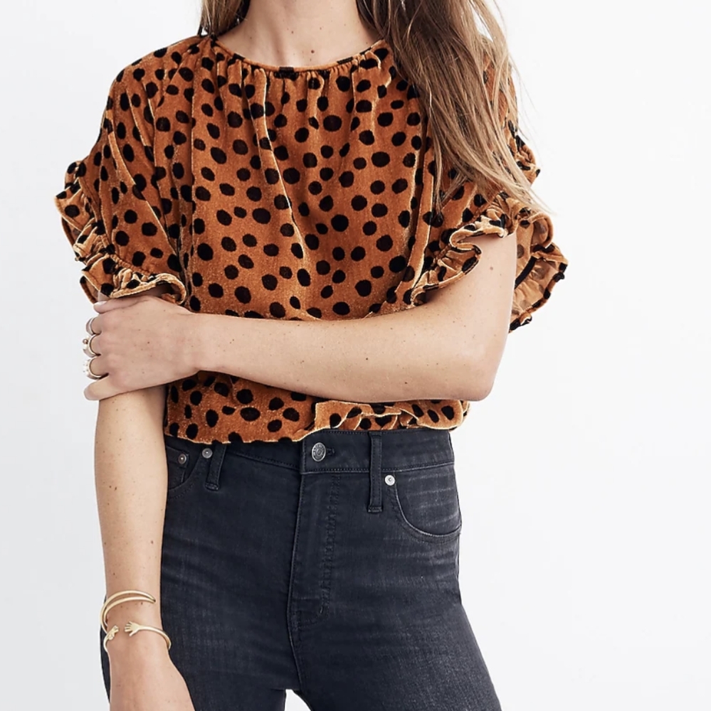 NWOT Madewell Velvet Memento Ruffle-Sleeve Top in Leopard Dot